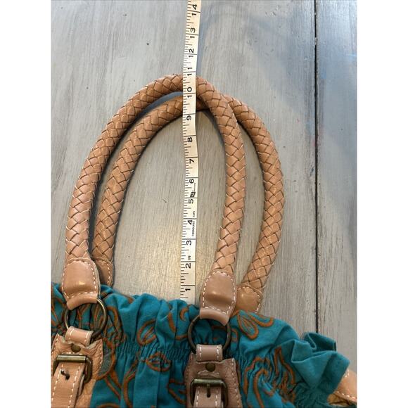 Nest Teal Blue Tan Brown Embroidered Shoulder Bag Purse Leather Woven Strap Boho - Picture 6 of 12